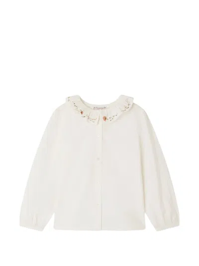 Bonpoint Girls' Organic Cotton Poplin Blouse With Embroidered Ruffled Collar In Milk White