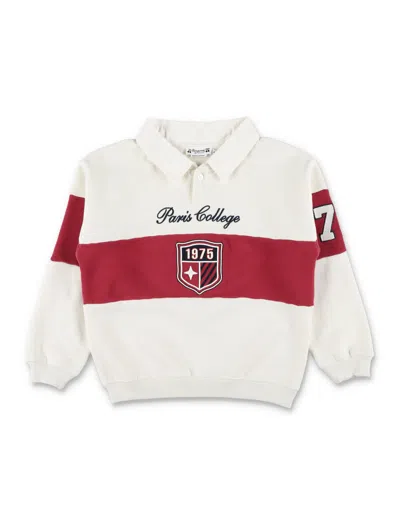 Bonpoint Mazarin Organic Cotton Polo Sweatshirt With Contrasting Band & Varsity Graphics In Beige