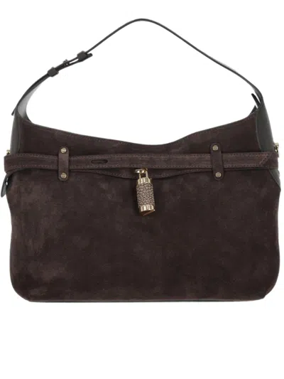 Borbonese Dark Brown Suede Hobo Bag With Gold-tone Padlock Detail In Grey