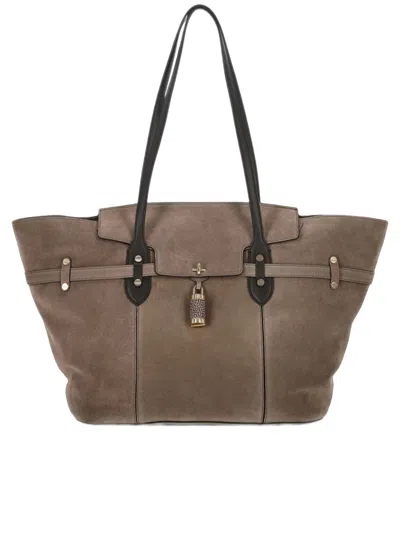 Borbonese Large Taupe Suede Padlock Tote Bag In Beige