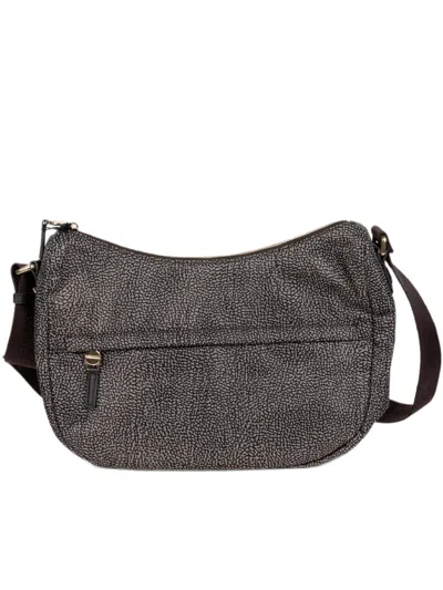 Borbonese Luna Middle Curved Textured Leather Shoulder Bag In Grey