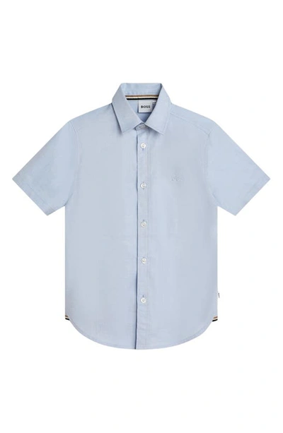 Bosswear Boss Kidswear Kids' Solid Short Sleeve Cotton Button-up Shirt In Pale Blue