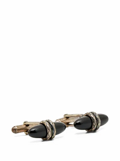 Pre-owned Bottega Veneta Intrecciato Onyx Cufflinks In Silver