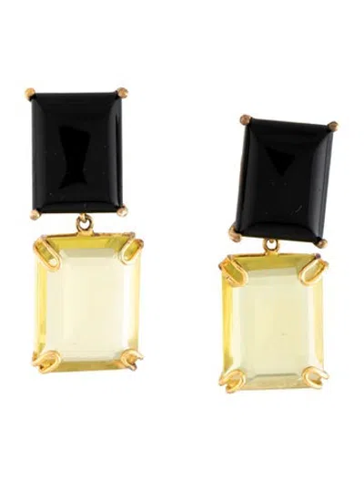 Pre-owned Bounkit Stone & Crystal Drop Clip-on Earrings In Black/green