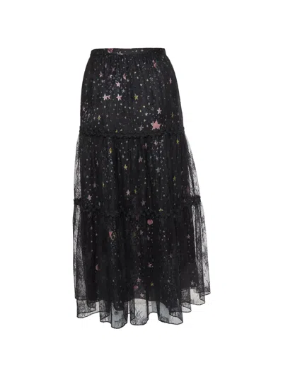 Pre-owned Boutique Moschino Star-print Lace-overlay Maxi Skirt In Black