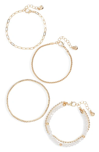 Bp. Assorted Set Of 4 Rhinestone Imitation Pearl Bracelets In Goldhite