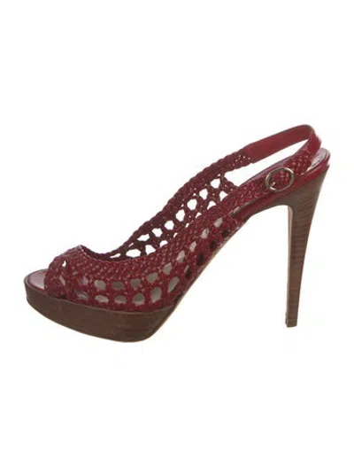 Pre-owned Brian Atwood Patent Leather Lace Pattern Slingback Pumps In Red