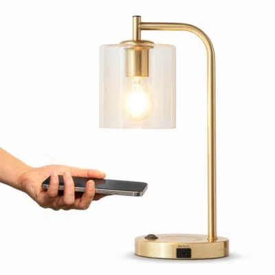 Brightech Elizabeth 16" Led Brass Desk Lamp With Clear Glass Shade, Wireless Charging Pad And Usb-c  In Gold