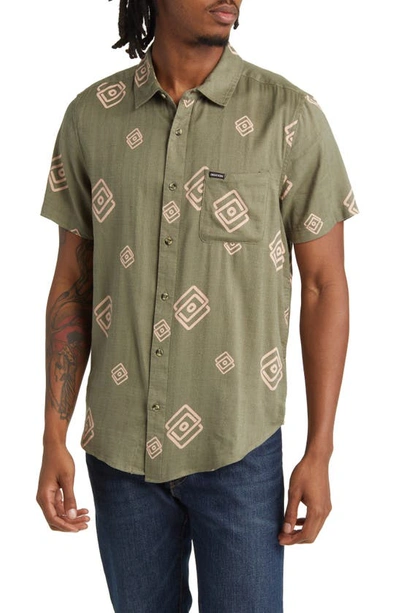 Brixton Charter Classic Fit Short Sleeve Slub Button-up Shirt In Olive Surplus/ Coral Pink