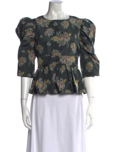 Pre-owned Brock Collection Floral Print Crew Neck Blouse In Green