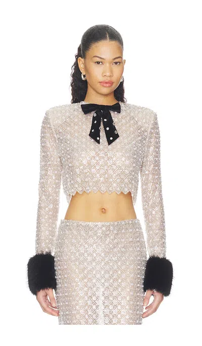 Bronx Banco Embellished Crop Top With Faux Fur Cuffs In Neutral