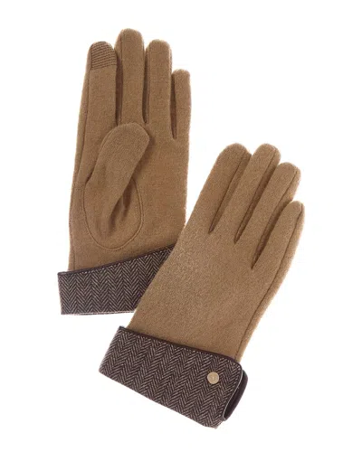 Brooks Brothers Contrast Cuff Knit Leather-trim Wool-blend Gloves In Brown