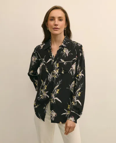 Brooks Brothers Crepe Viscose Relaxed Bird-print Blouse In Black