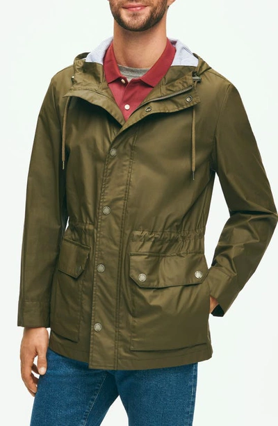 Brooks Brothers Out Bonded Hooded Jacket In Olive/ Blue Stripe
