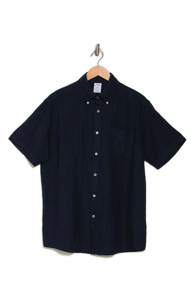 Brooks Brothers Regular Fit Short Sleeve Linen Button-down Shirt In Navy
