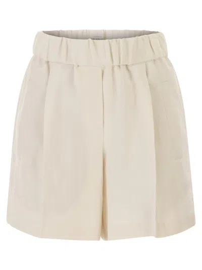 Brunello Cucinelli Baggy Shorts In Fluid Viscose And Linen Twill In White