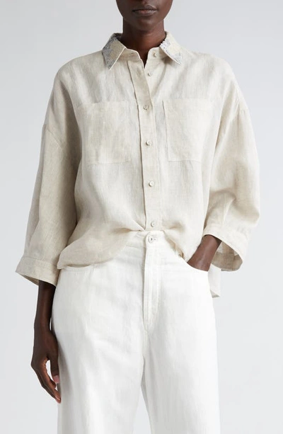 Brunello Cucinelli Bead & Sequin Embellished Collar Linen Button-up Shirt In C020 Natural