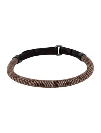 Pre-owned Brunello Cucinelli Beaded Leather Choker Necklace, 16.5" In Black