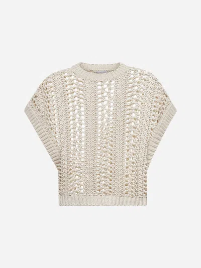 Brunello Cucinelli Beige Cotton Ribbed Net Sweater