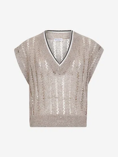 Brunello Cucinelli Beige Dazzling Ribbed Net Knit Vest