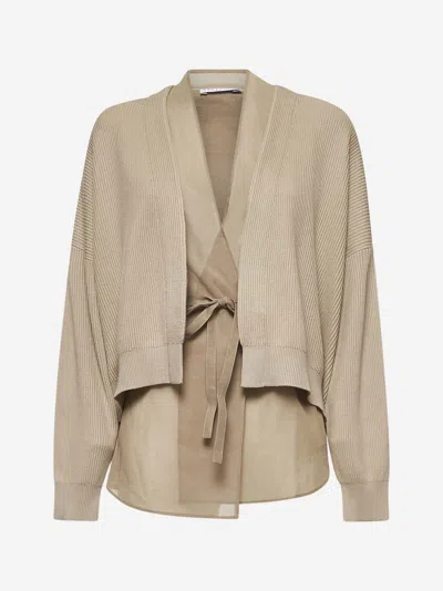 Brunello Cucinelli Beige Knit And Organza Layered Cardigan