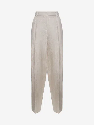 Brunello Cucinelli Beige Linen Wide Leg Trousers