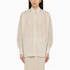 Brunello Cucinelli Beige White Black Striped Cotton Silk Shirt With Pointed Collar For Women