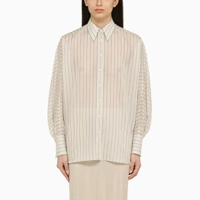 Brunello Cucinelli Beige White Black Striped Cotton Silk Shirt With Pointed Collar For Women