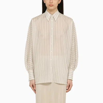 Brunello Cucinelli Beige White Black Striped Cotton Silk Shirt With Pointed Collar For Women In Multicolor