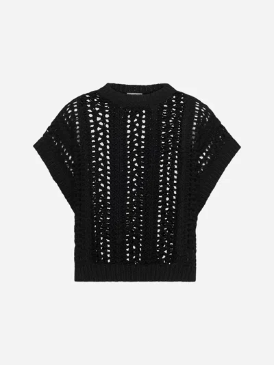 Brunello Cucinelli Black Cotton Ribbed Net Sweater