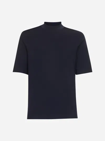 Brunello Cucinelli Blue Cotton Jersey Mock Neck T-shirt In Navy Blue