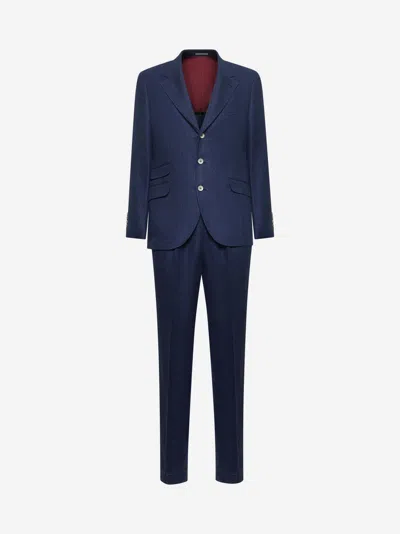 Brunello Cucinelli Blue Linen, Wool And Silk Diagonal Suit