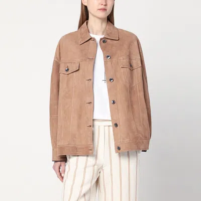 Brunello Cucinelli Brown Leather Overshirt Jacket In Beige