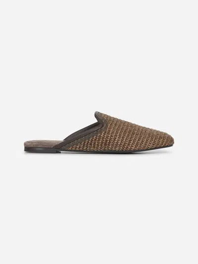 Brunello Cucinelli Brown Techno Raffia Precious Trim Slippers In Cream