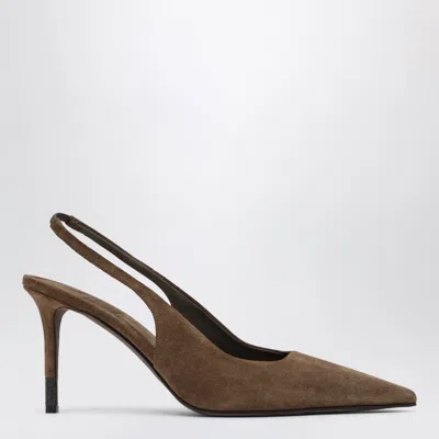 Brunello Cucinelli Caramello Suede Slingback Pumps With Monili Heel Detail In Brown
