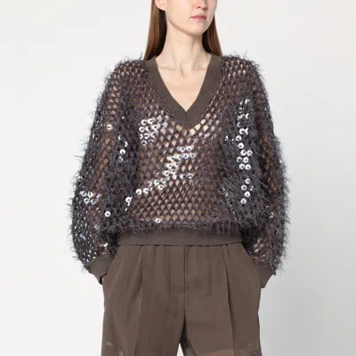 Brunello Cucinelli Chocolate Mesh Top With Sequins In Brown