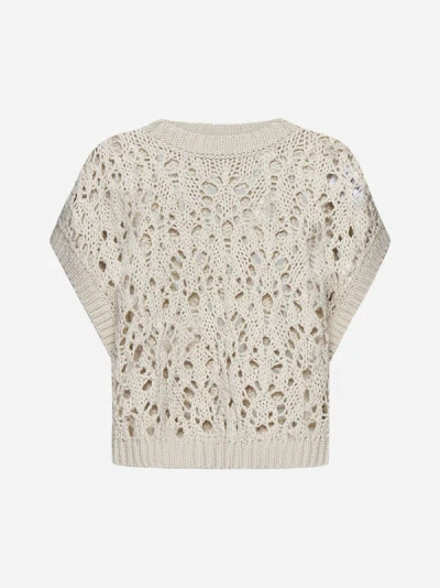 Brunello Cucinelli Crochet Cotton Sweater In Light Beige