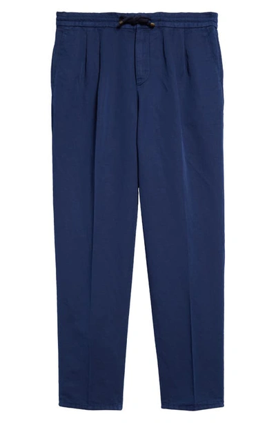 Brunello Cucinelli Garment Dyed Linen & Cotton Gabardine Drawstring Pants In Blu Prussia