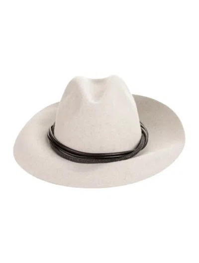Pre-owned Brunello Cucinelli Grey Cotton With Leather Trim Fedora Hat W/tags