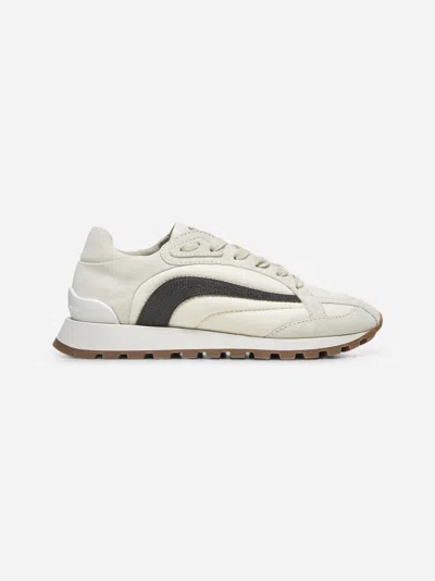 Brunello Cucinelli Grey Suede And Twill Precious Stripe Runners