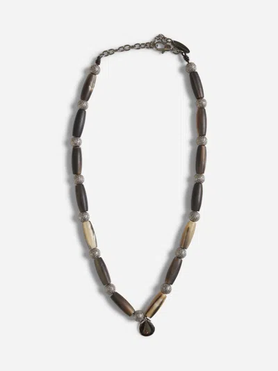 Brunello Cucinelli Horn Necklace With Silver Beads In Black