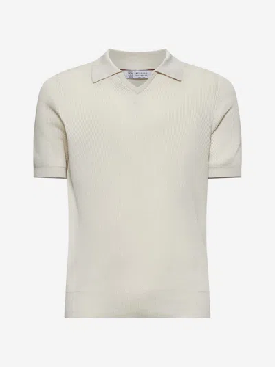 Brunello Cucinelli Ivory Cotton Knit Polo Shirt In English White+corteccia