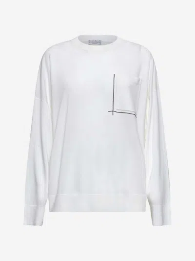 Brunello Cucinelli Ivory Shiny Pocket Detail Sweater