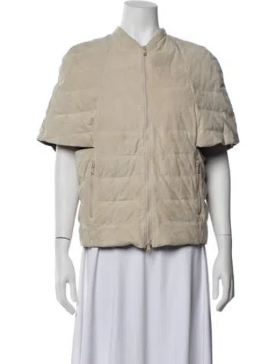 Pre-owned Brunello Cucinelli Leather Bomber Jacket In Neutrals
