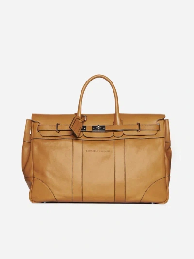 Brunello Cucinelli Leather Duffel Bag In Tan