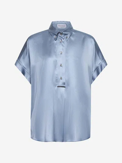 Brunello Cucinelli Light Blue Satin Monili Shirt
