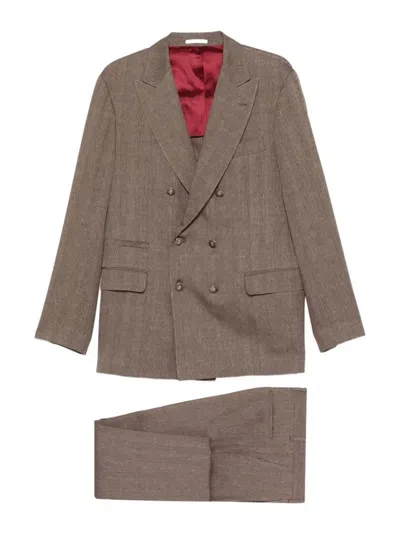 Brunello Cucinelli Linen And Virgin Wool Chevron Leisure Suit In Brown