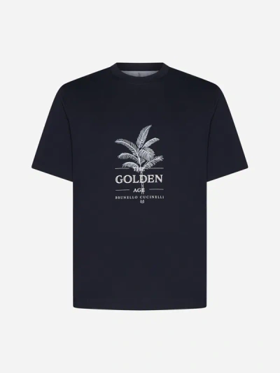 Brunello Cucinelli Logo Print Cotton T-shirt In Blue Navy