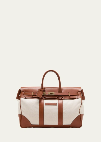 Brunello Cucinelli Men's Leather Brown Cotton-linen Blend Weekender Handbag