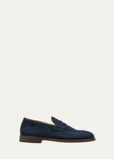 Brunello Cucinelli Men's Suede Penny Loafers In Dark Blue